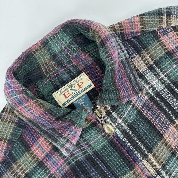 Vintage Express Shacket Womens Size M Purple Plaid Zip 90s Cotton Waffle Knit - Picture 5 of 14